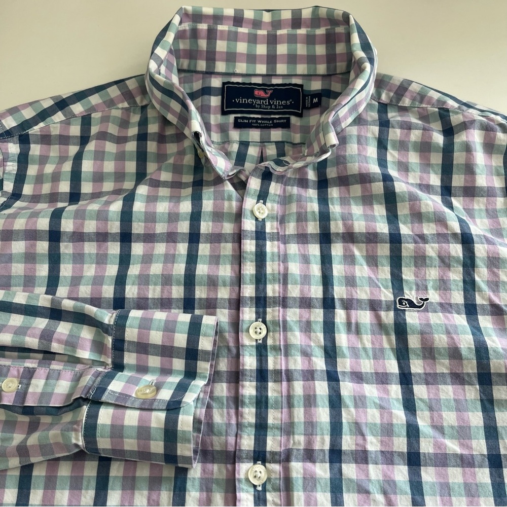 Vineyard Vines Men’s Slim Fit Whale Purple Blue Plaid Button Down medium